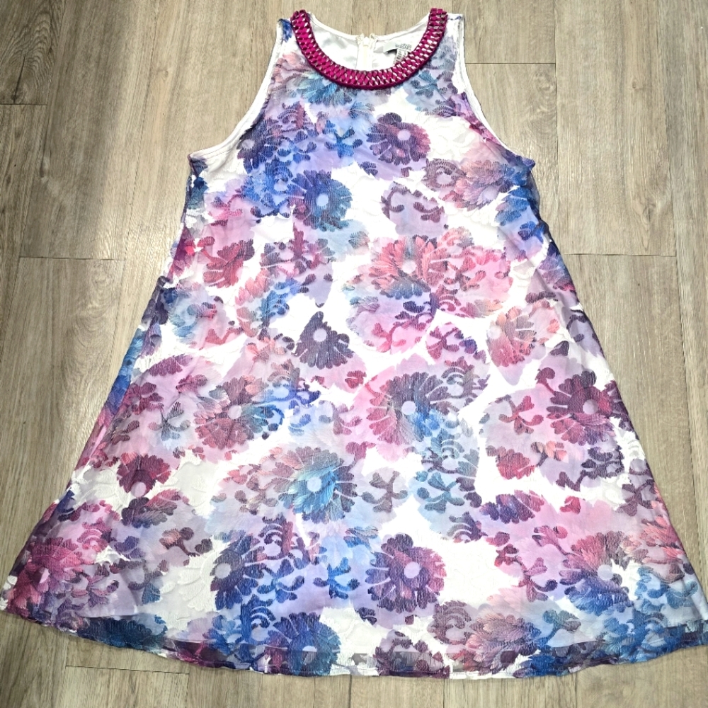 Belle Badgley Mischka Dress Sz 14 Floral Detailed Halter Neckline Blue Pink Purp